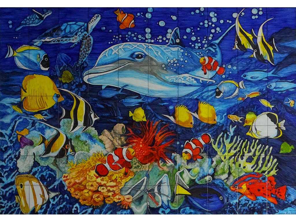 Mural azulejos de cerámica con fondo marino