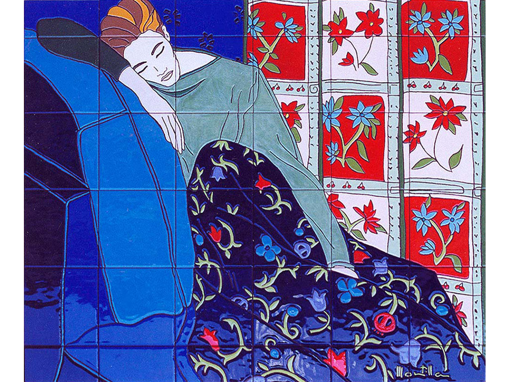 Mural cerámico con mujer durmiendo tonos azules