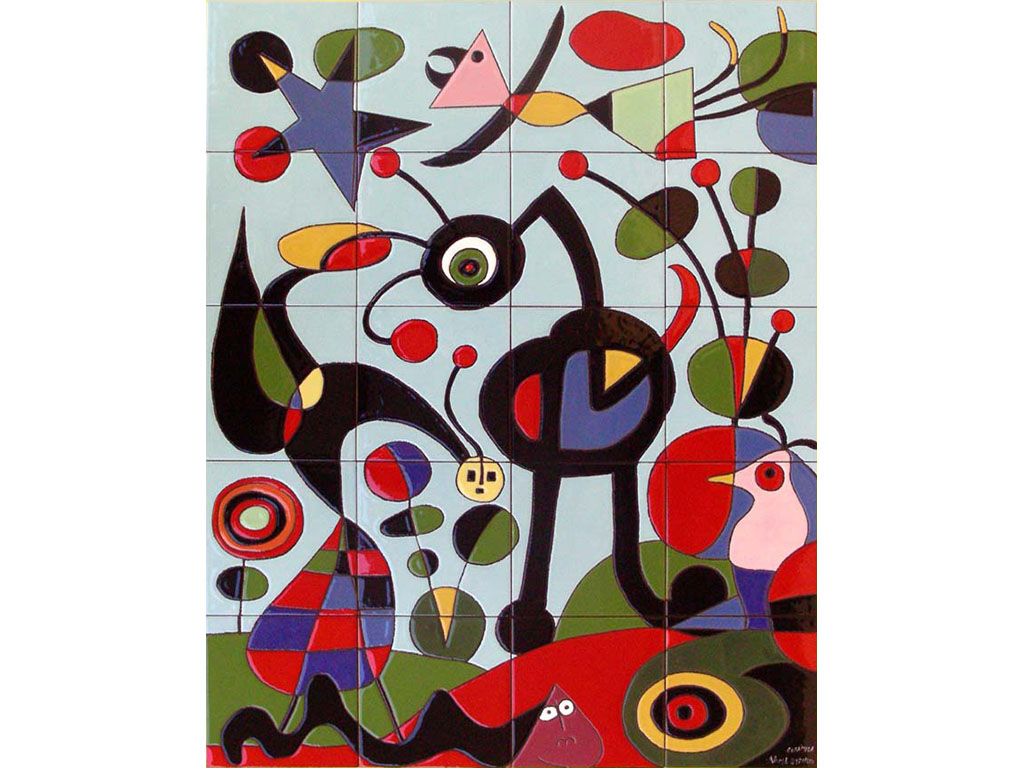 Mural de azulejos con reproducción de Joan Miró