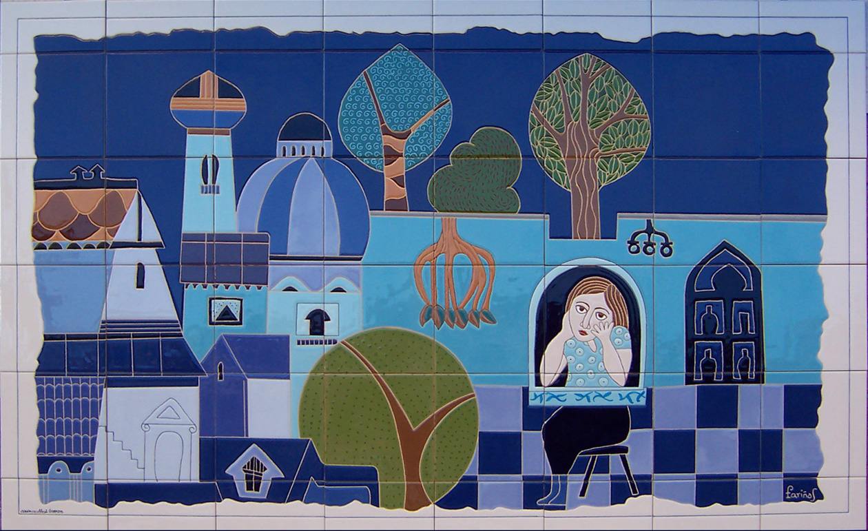 Mural de cerámica azul